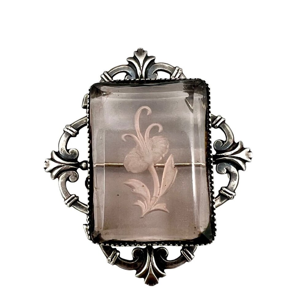 Vintage Sterling Silver Intaglio Brooch With Floral Design 925